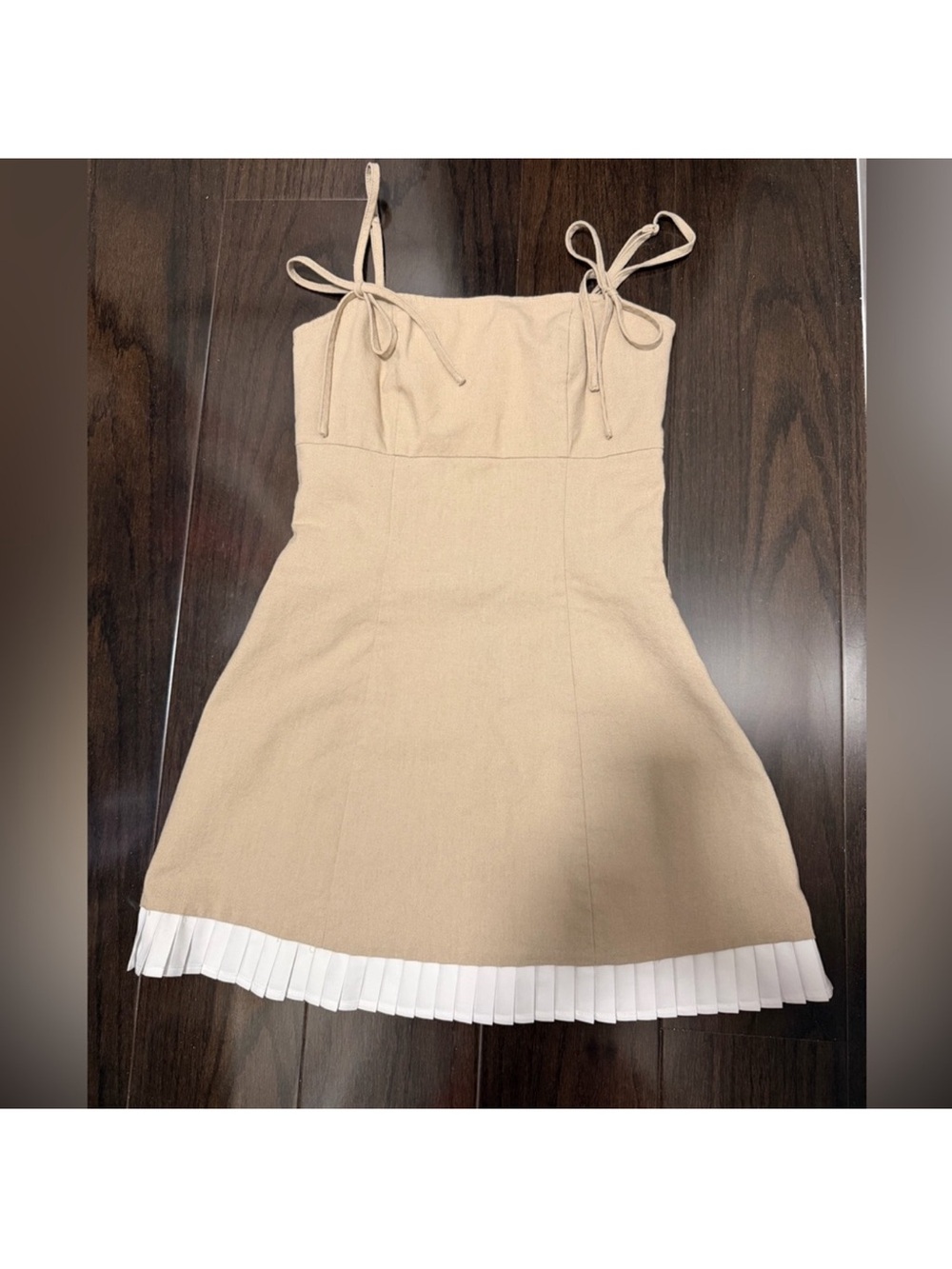 Beige Tie-Strap Mini Dress with White Pleated Hem